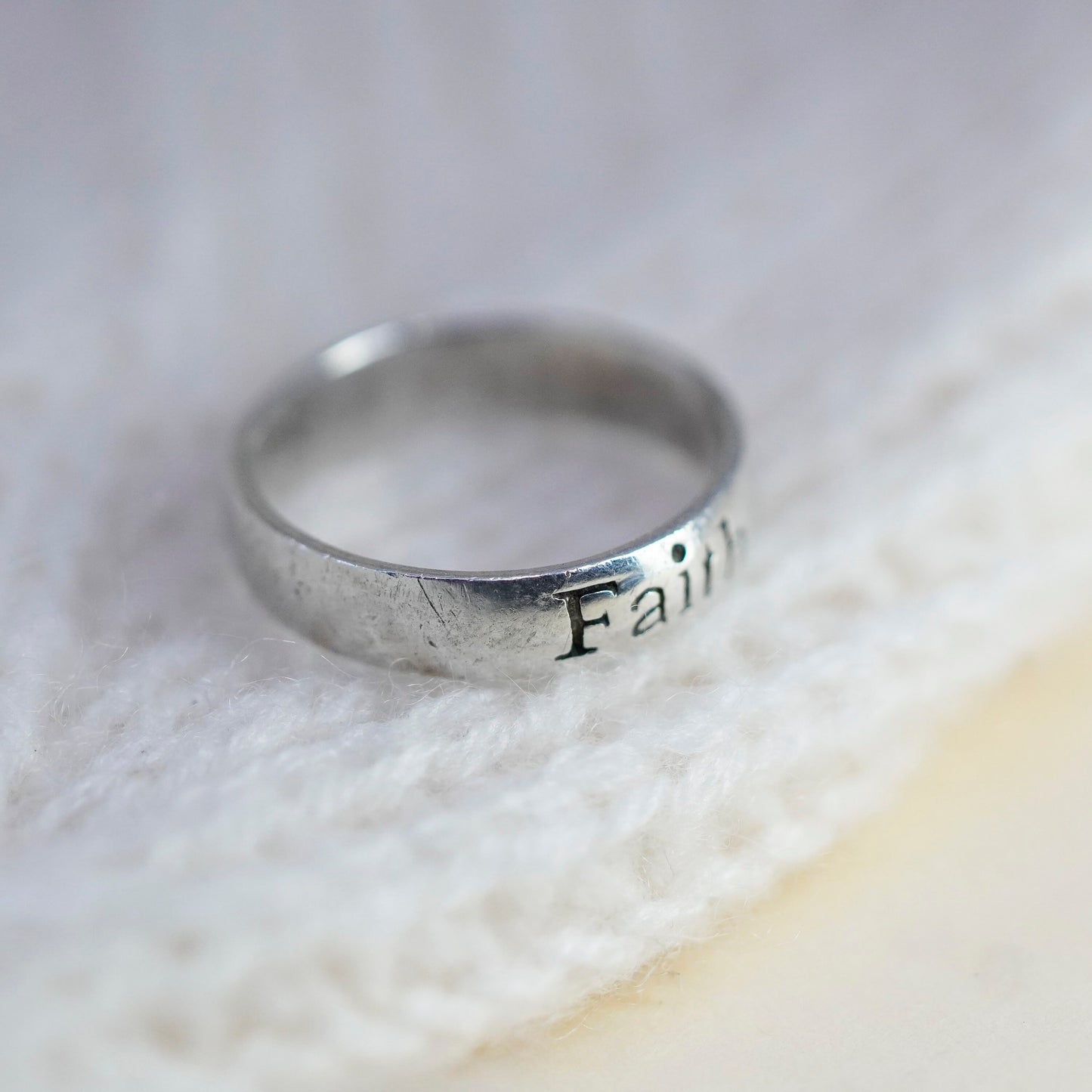 Size 6, Vintage sterling 925 silver handmade ring, band embossed “faith"