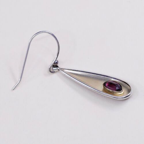 Vtg two tone Sterling Silver Teardrop Earrings, Southwestern 925 dangles W/ Ruby