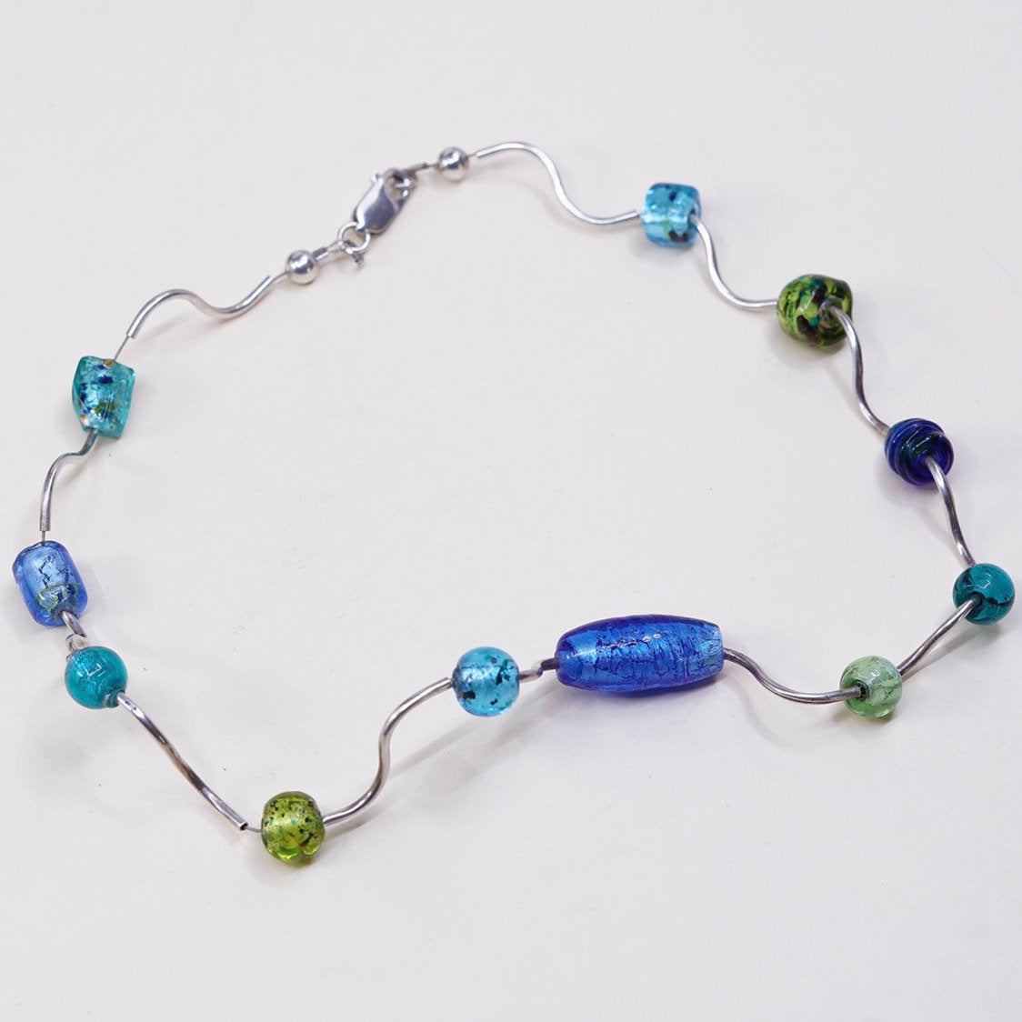 16”, vtg Sterling silver handmade necklace, 925 bar, with blue glass beads