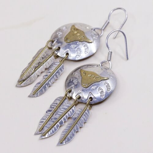 Vtg two tone handmade Sterling 925 Silver Earrings W/ Ox N Feather Dangles