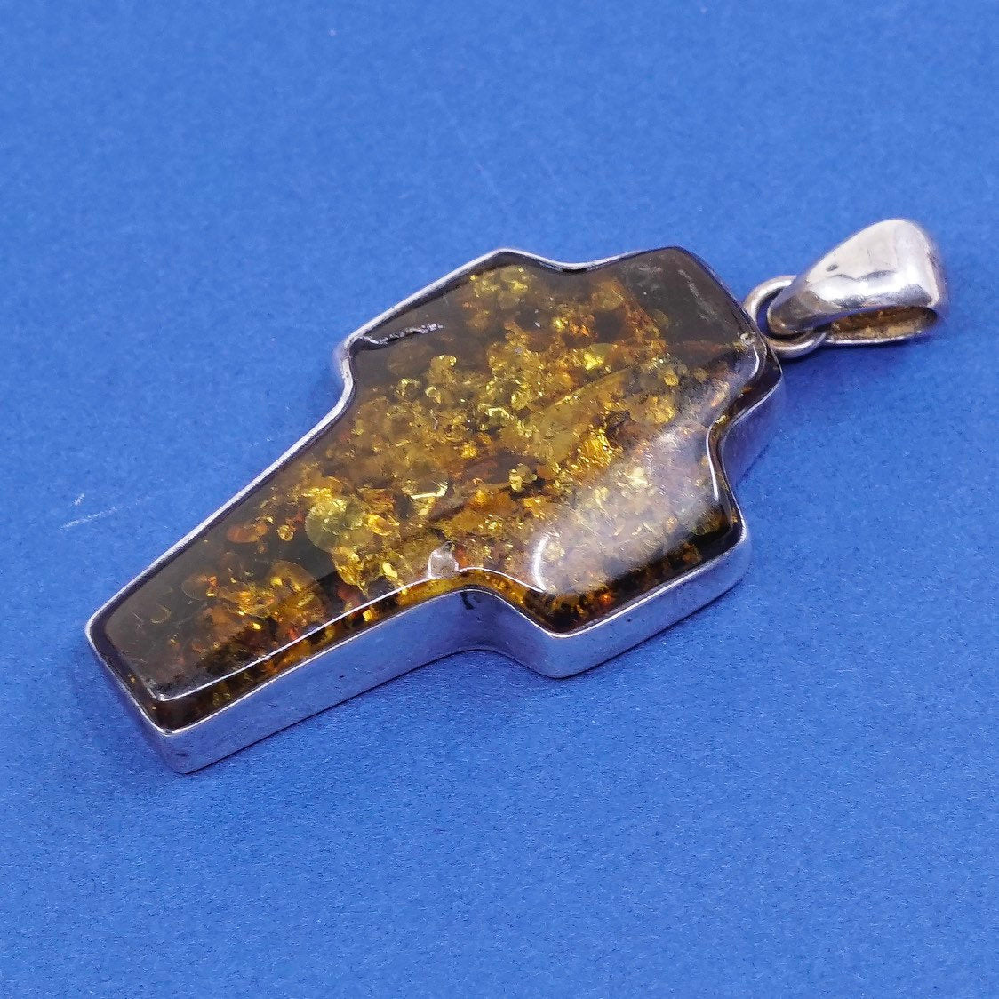 vtg Sterling silver handmade pendant, 925 cross w/ Amber