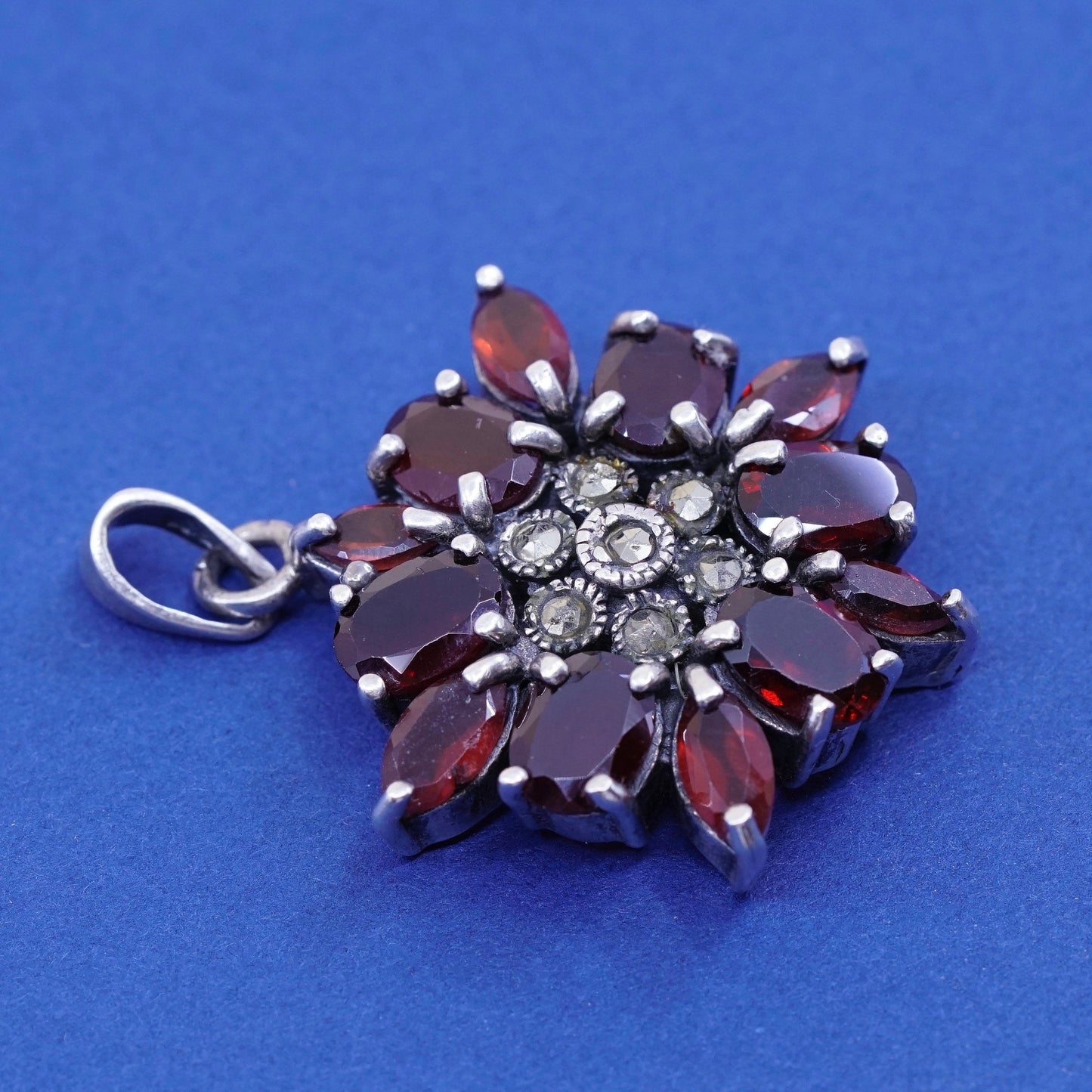 vtg Sterling silver handmade pendant, 925 flower with ruby and Marcasite