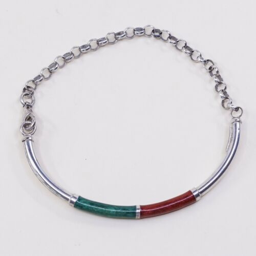 7.5”, Vintage Sterling Silver Handmade Bracelet, 925 Circle chain W/ Enamel Bar