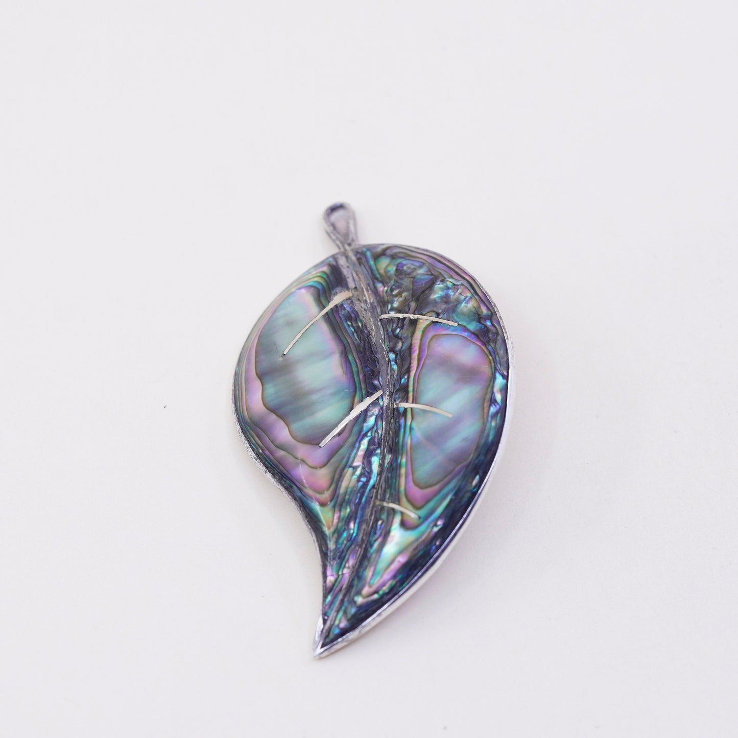 Antique Sterling silver handmade brooch, 925 leaf pin with abalone inlay