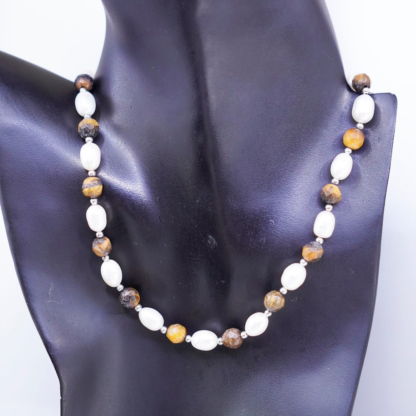 16+2”, Sterling 925 silver handmade necklace pearl golden tiger eye beads