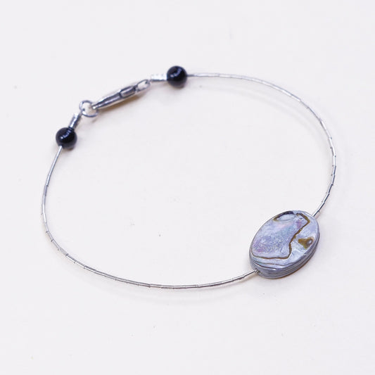 6.25”. sterling silver handmade bracelet 925 liquid chain w/ obsidian N abalone