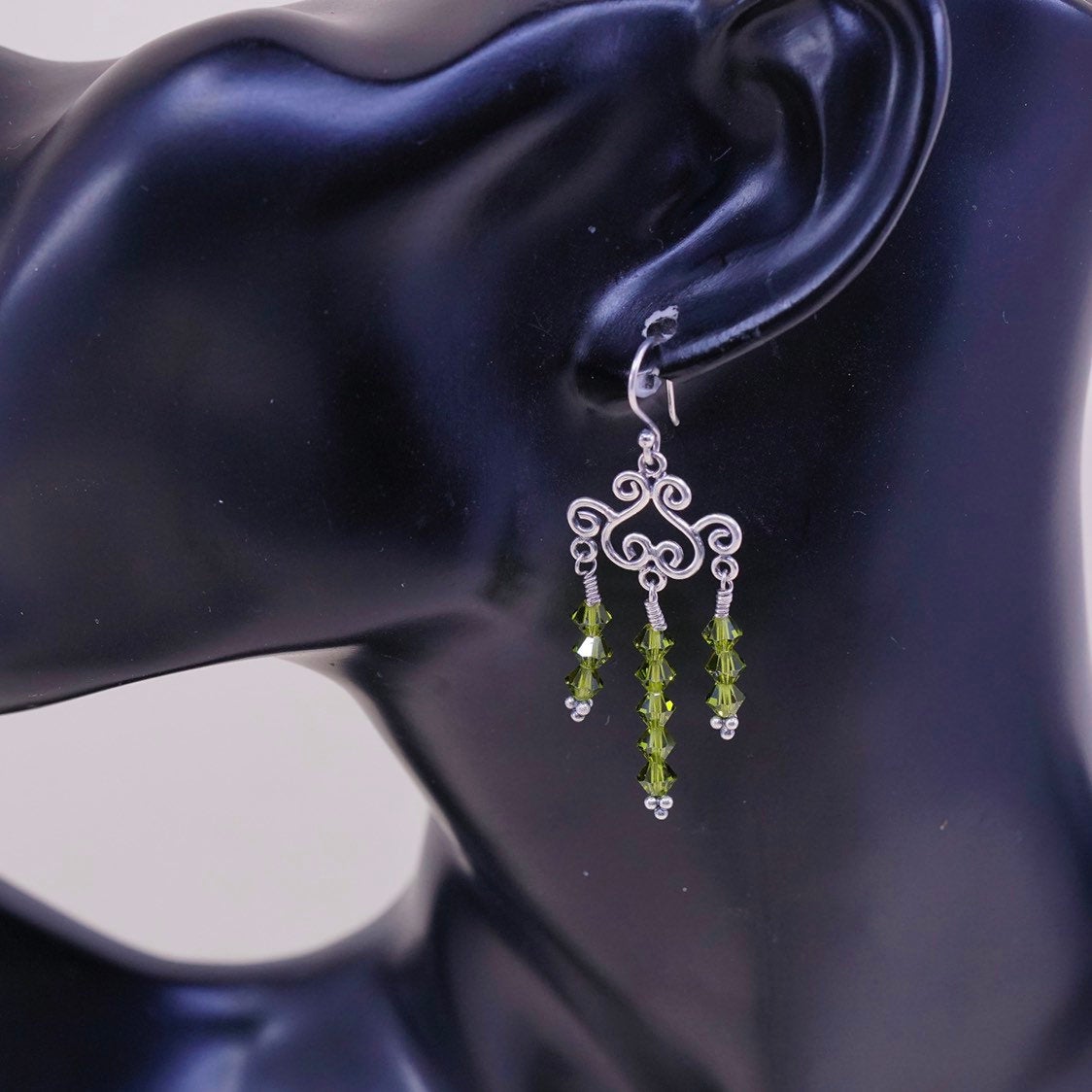 sterling silver handmade earrings 925 w/ green cluster Swarovski crystal fringe