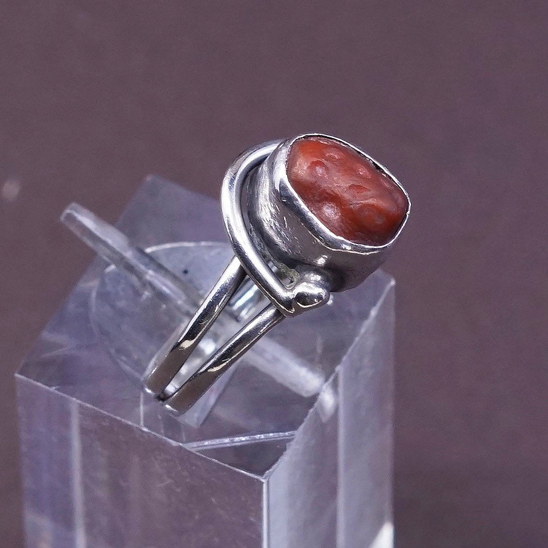 sz 5.5, Sterling silver handmade ring w/ red coral, Native American, 925 band