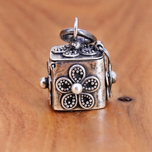 vtg Sterling silver prayer box pendant, 925 handmade locket charm lucky clover