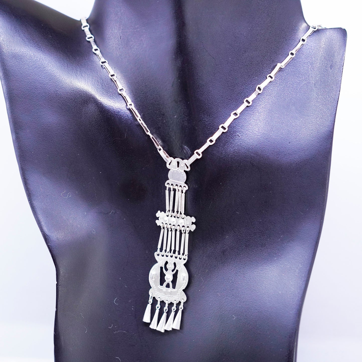 18”, Sterling 950 silver handmade elongated chain necklace with fringe pendant