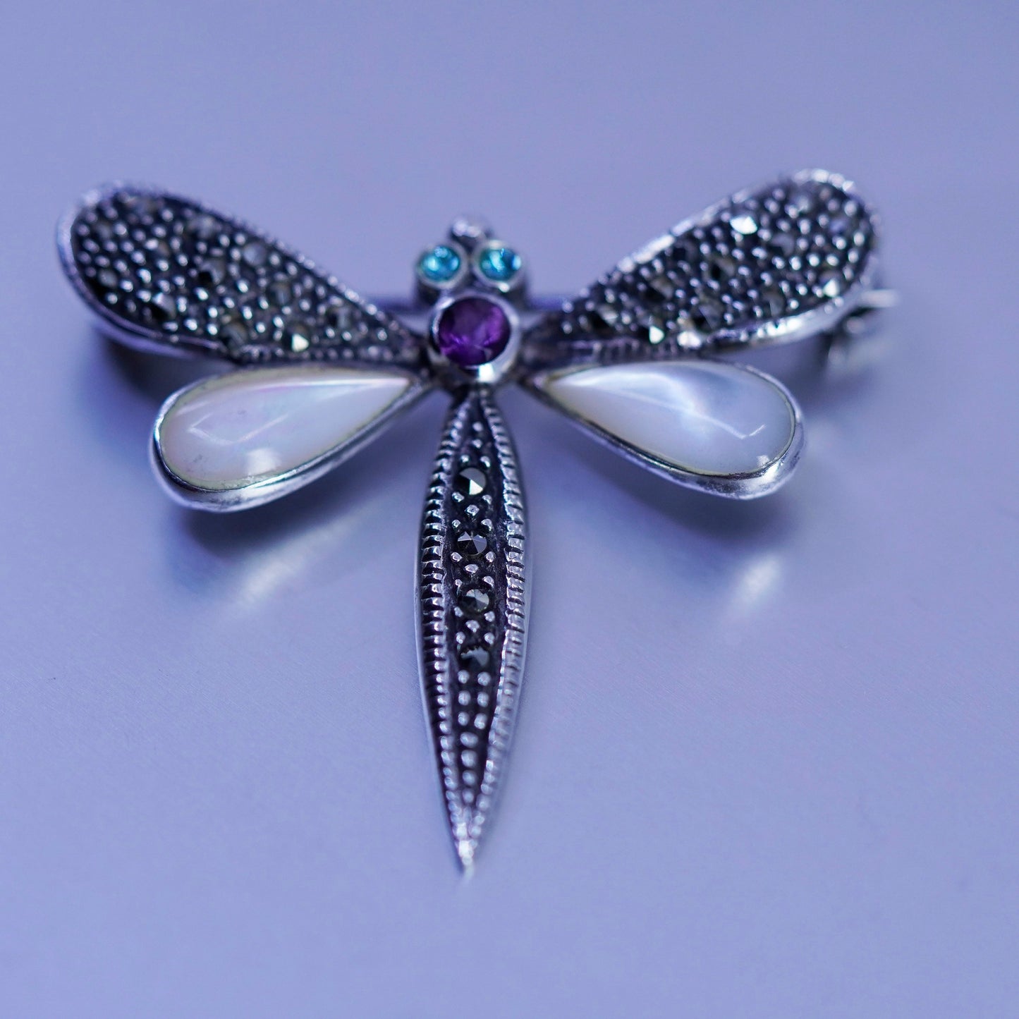 sterling silver handmade brooch, 925 dragonfly pin amethyst moonstone Marcasite