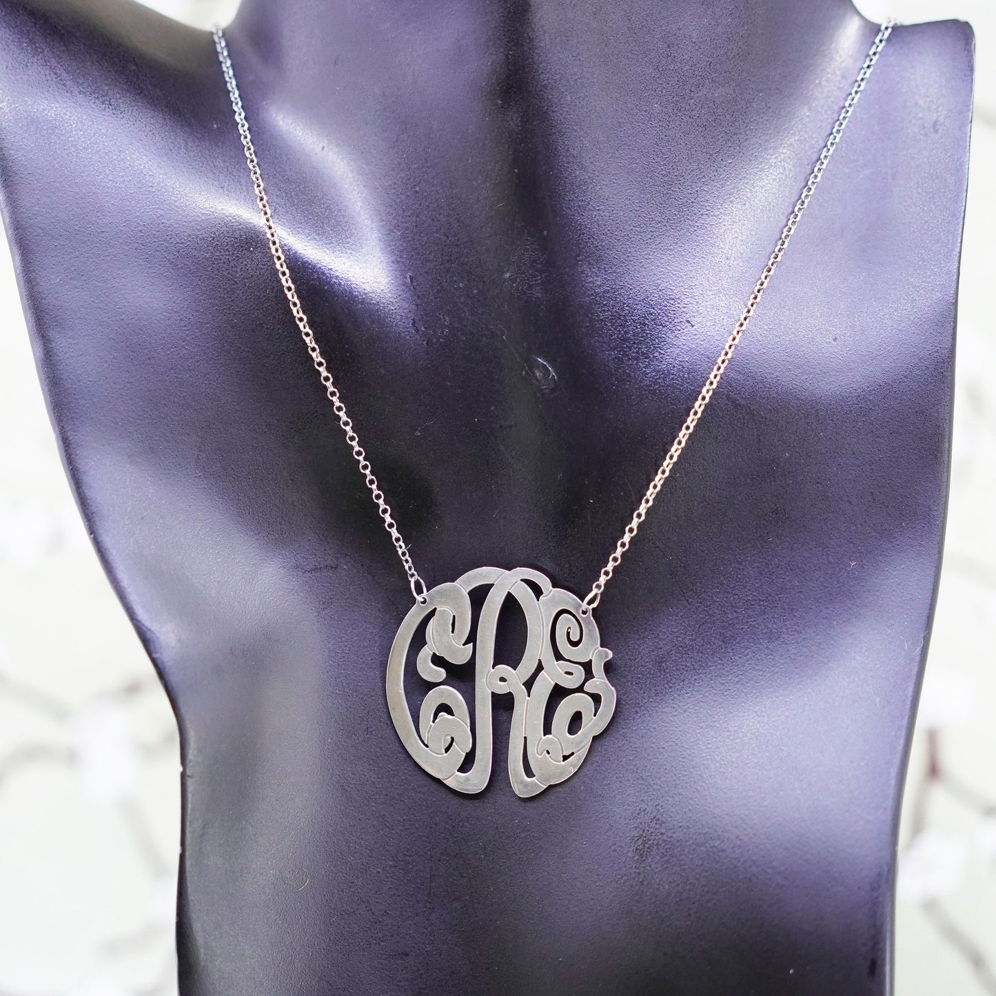 18”, sterling silver necklace, circle chain monogram initial “CRE” pendant name