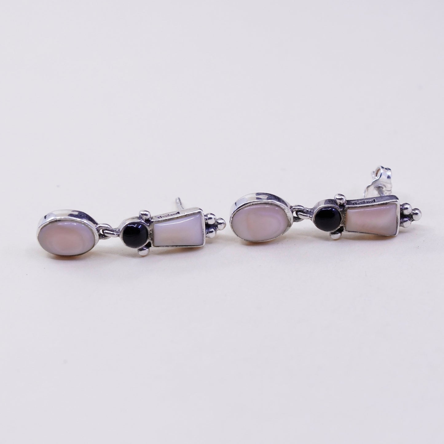 Vintage Sterling 925 silver handmade earrings with mother of pearl and obsidian