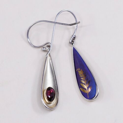 Vtg two tone Sterling Silver Teardrop Earrings, Southwestern 925 dangles W/ Ruby