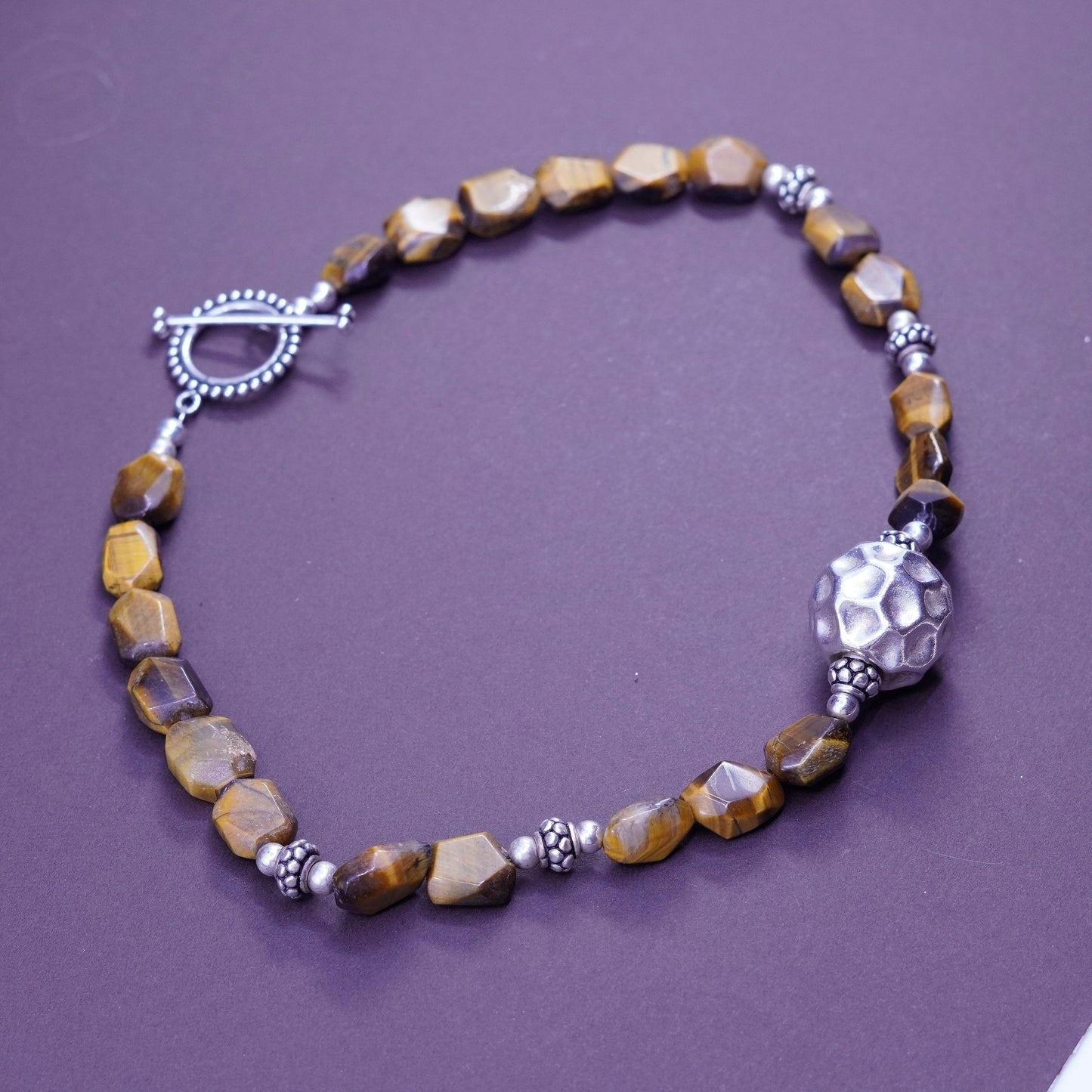 16”, vintage Sterling 925 silver necklace with golden tiger eye beads and hammered pendant, silver tested