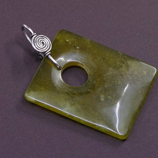 vtg Sterling silver handmade pendant, 925 swirl w/ square shaped jade