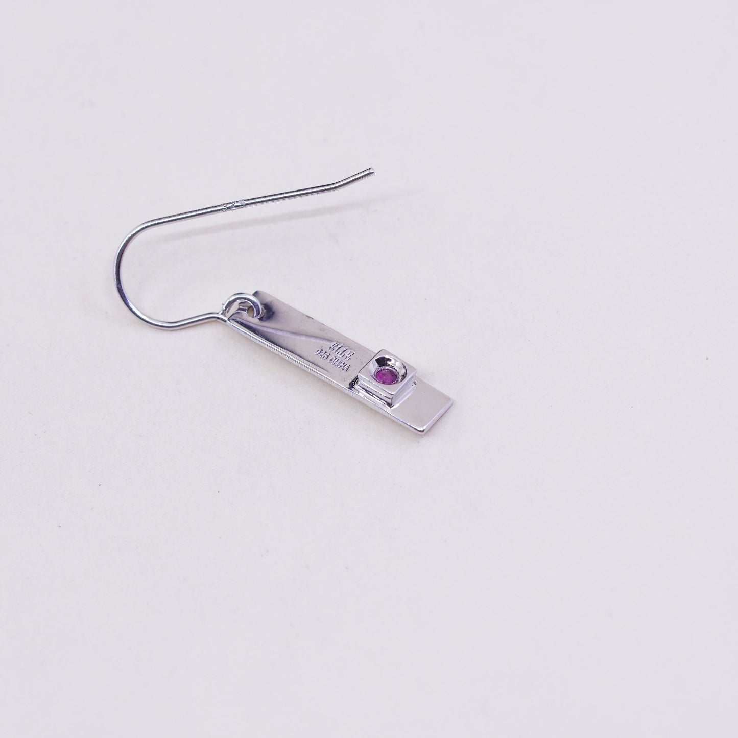 1”, Elle sterling 925 silver earrings, rectangular dangle w/ ruby embossed Hope