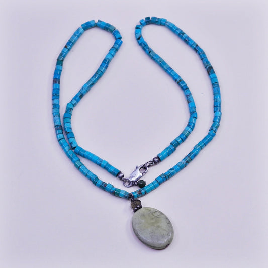 16”, Native American heishi Turquoise Necklace jade pendant Sterling silver