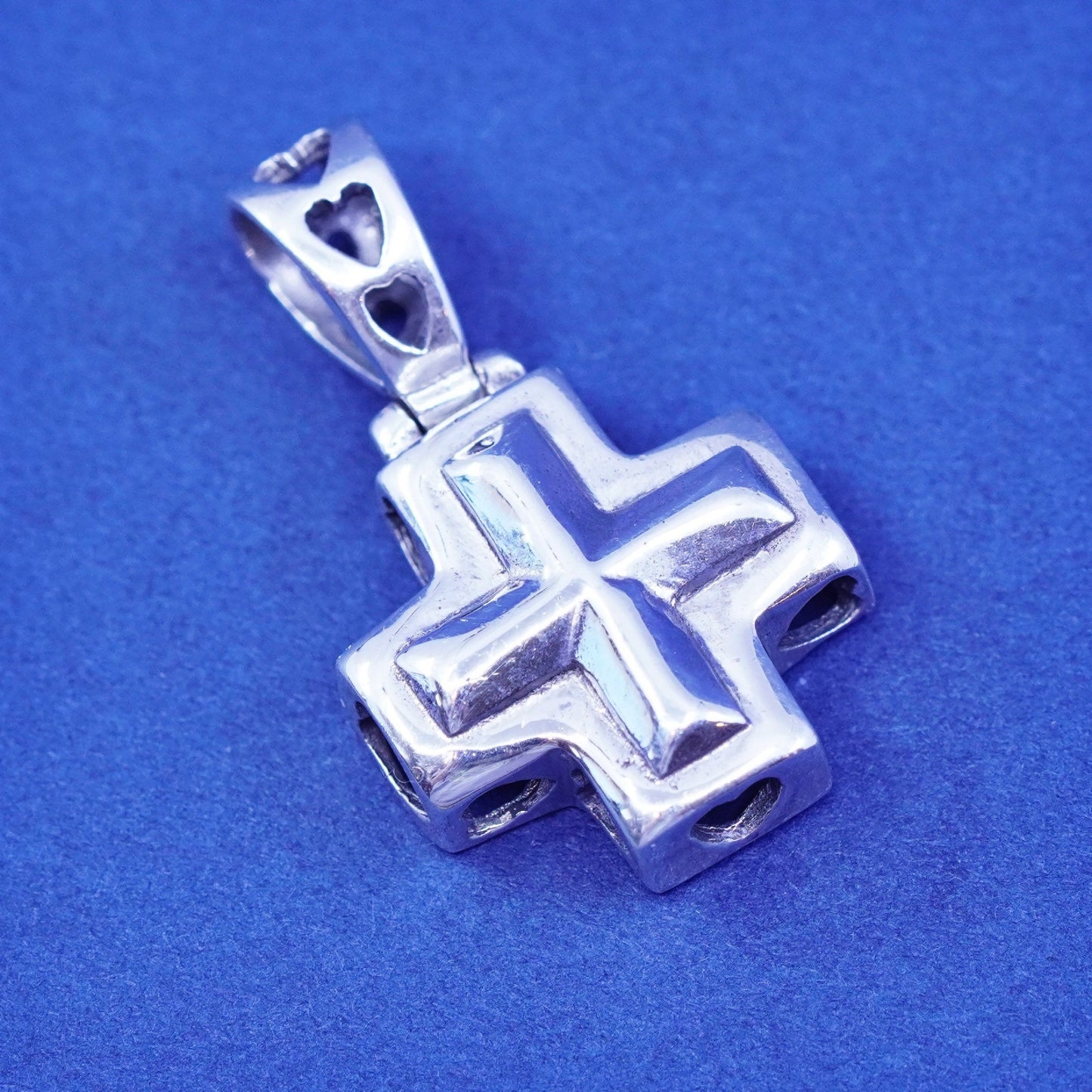 vtg Sterling silver handmade pendant, 925 relief cross charm w/ heart cut our