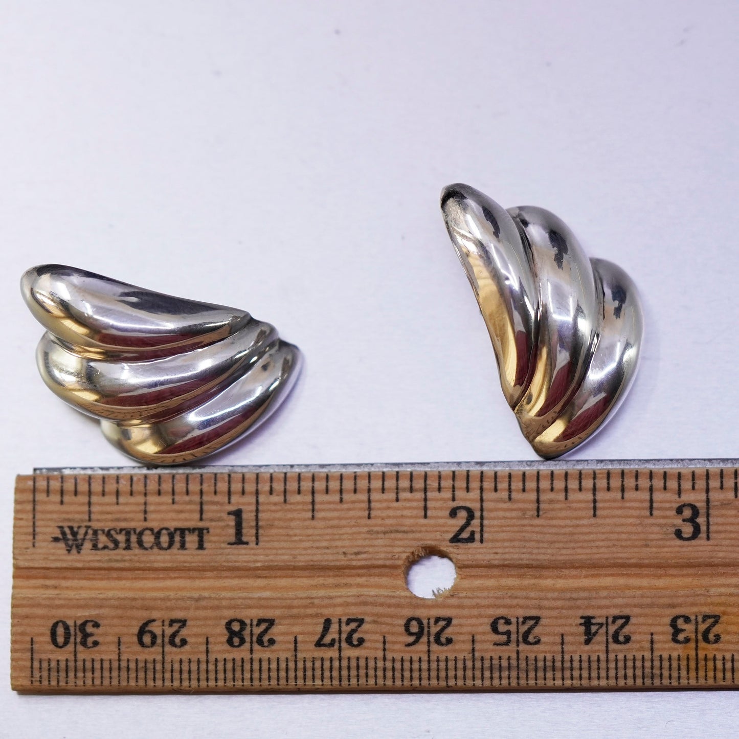 Vintage Sterling 925 silver handmade earrings, puffy ribbed wings studs