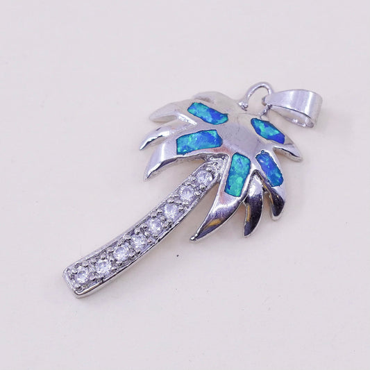 Vintage sterling 925 silver handmade palm tree pendant with opal and cz