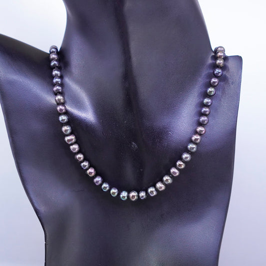 18+2”, vtg freshwater 6mm black pearl necklace with Sterling 925 silver clasp