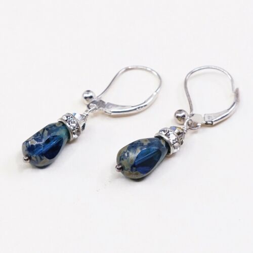 Vtg Sterling Silver Handmade Earrings W/ Blue Glass, 925 Hooks W/ Teardrop