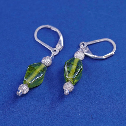 vtg sterling silver handmade earrings, 925 w/ green glass bead