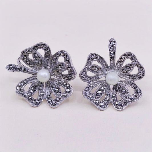 Vintage Sterling silver handmade earrings, 925 screw back flower with Marcasite