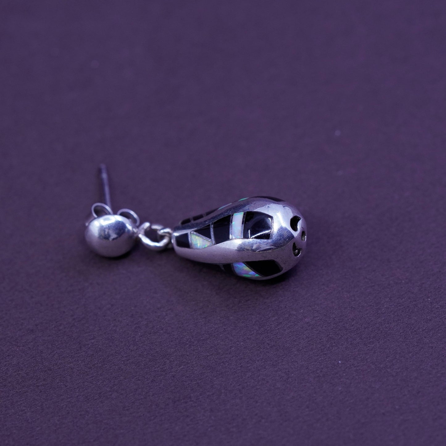 Native American sterling silver earrings, zuni 925 teardrop w/ obsidian opal