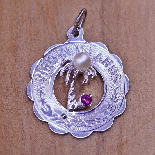 Sterling silver charm, 925 pendant engraved “Virgin Islands” Palm tree pearl