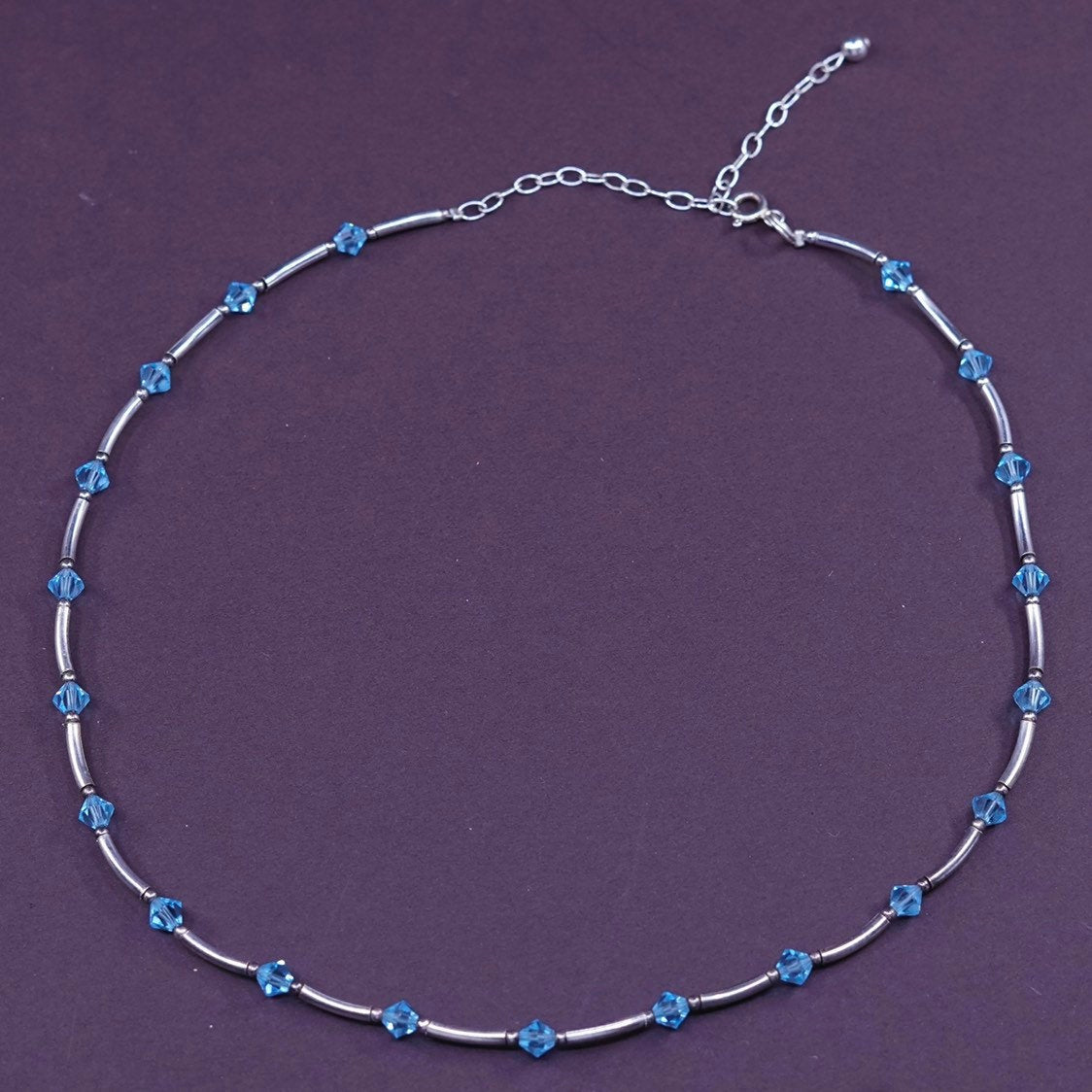 15"+3”, Sterling silver handmade necklace, 925 Bar w/ Swarovski blue bead