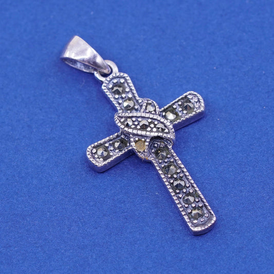 Vintage Sterling 925 silver handmade cross pendant with marcasite