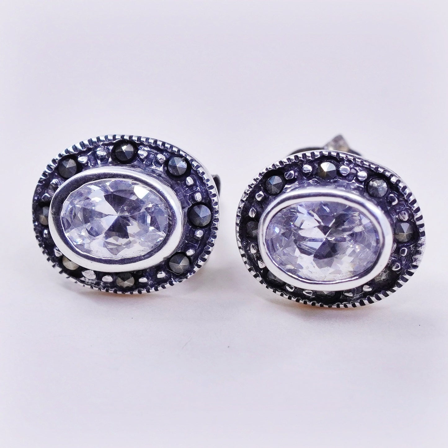 Vintage Sterling silver handmade earrings, 925 oval studs with Cz and marcasite