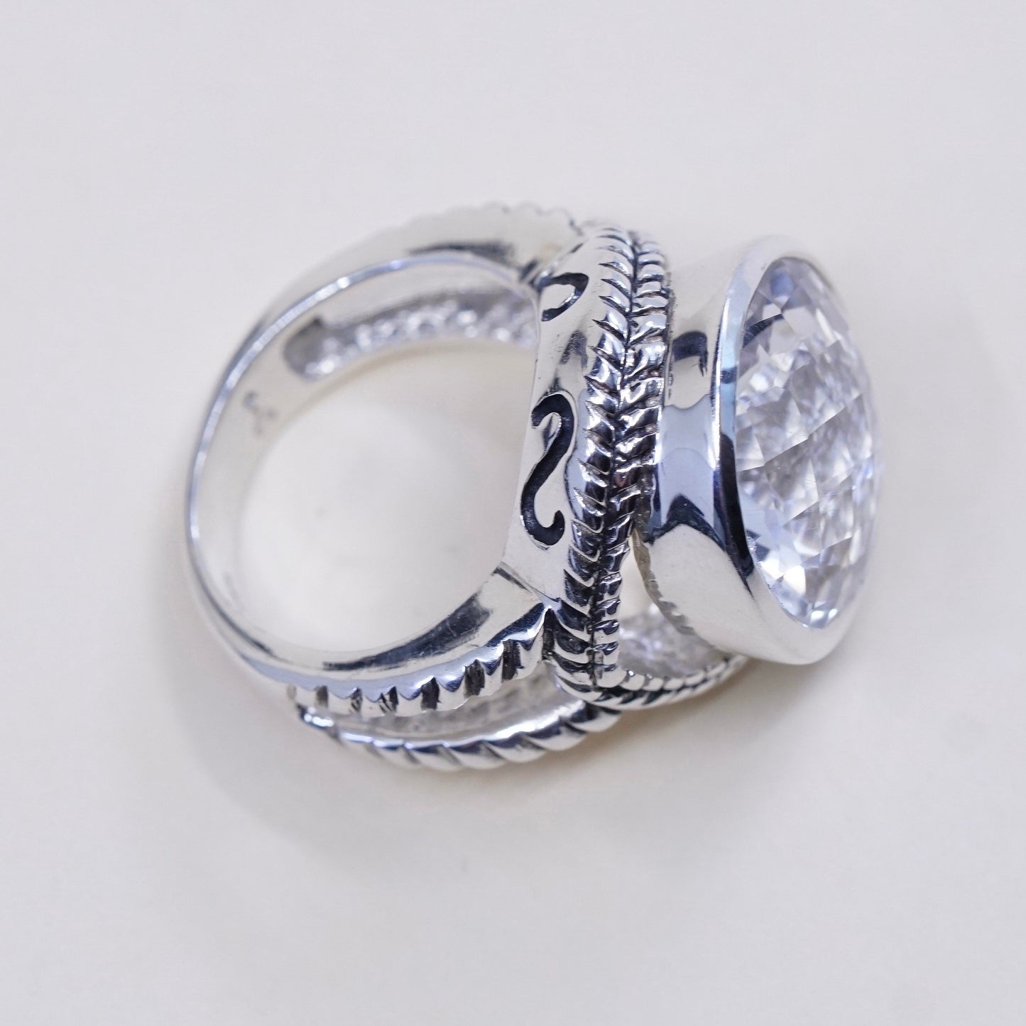 sz 6, vtg Sterling 925 silver handmade cocktail ring w/ crystal