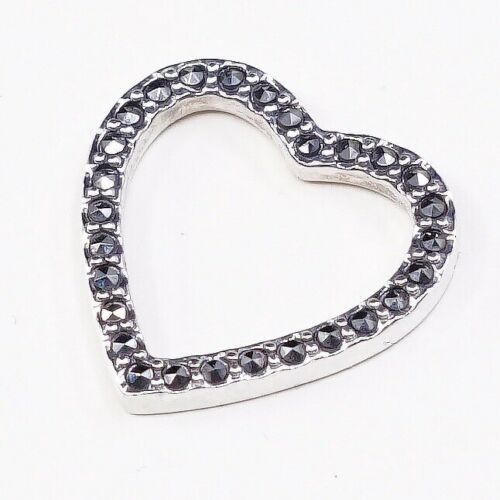 Vintage Sterling Silver Heart Pendant, Solid 925 Silver Charm W/ Marcasite