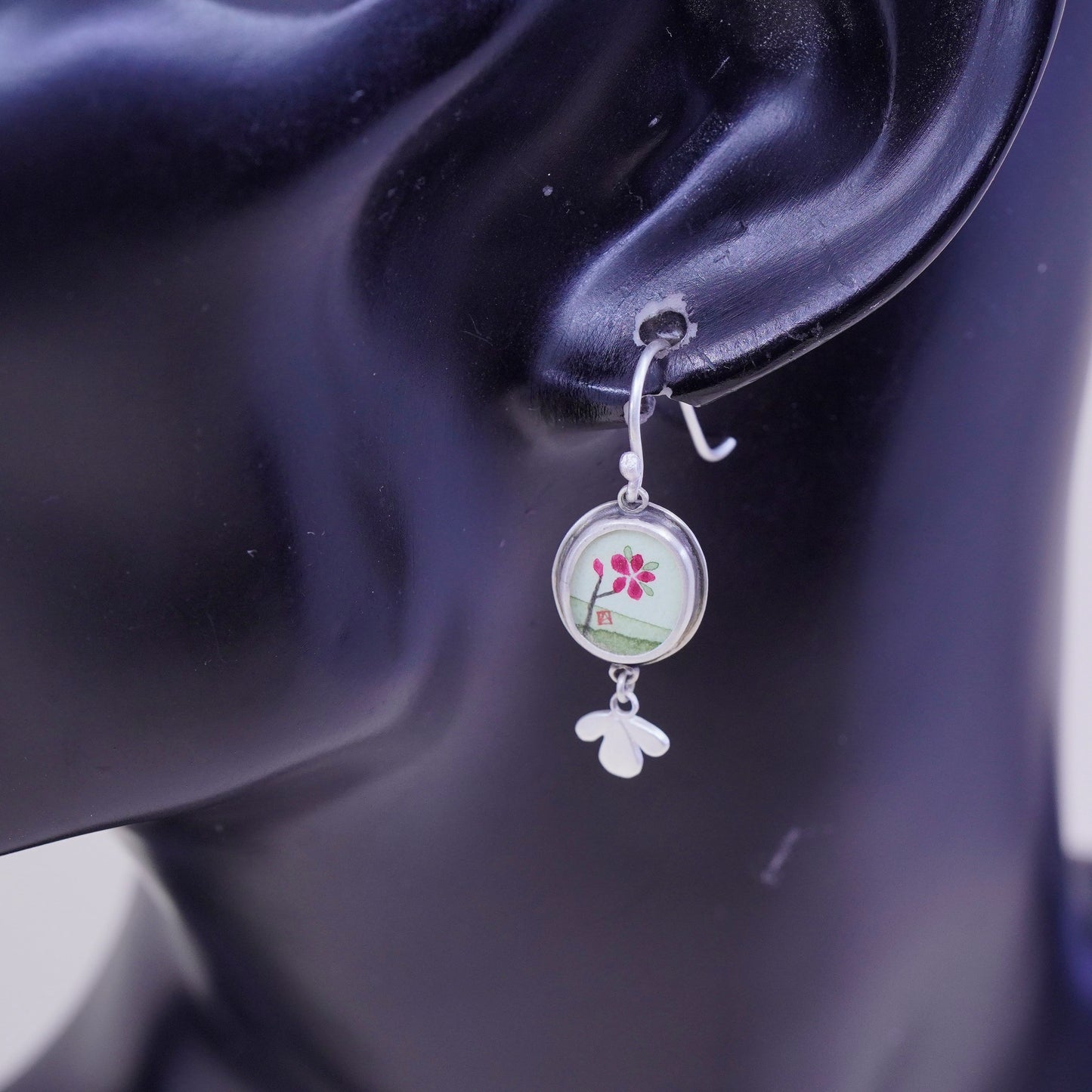 Designer Ananda KHALSA Sterling 925 silver handmade earrings, watercolor pink plum blossom flower , stamped 925 A