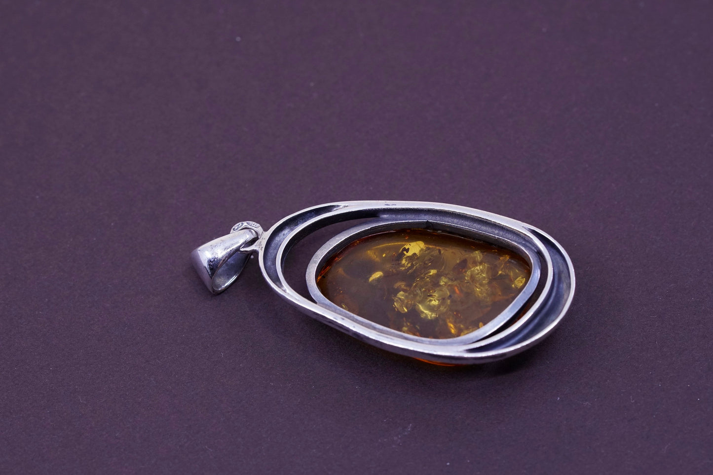 Vintage modern Sterling 925 silver handmade pendant with Amber pendant