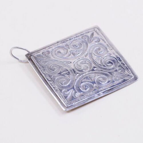 Vtg Sterling 925 Silver Handmade Square Pendant W/ Filigree Swirl, Silver Tested