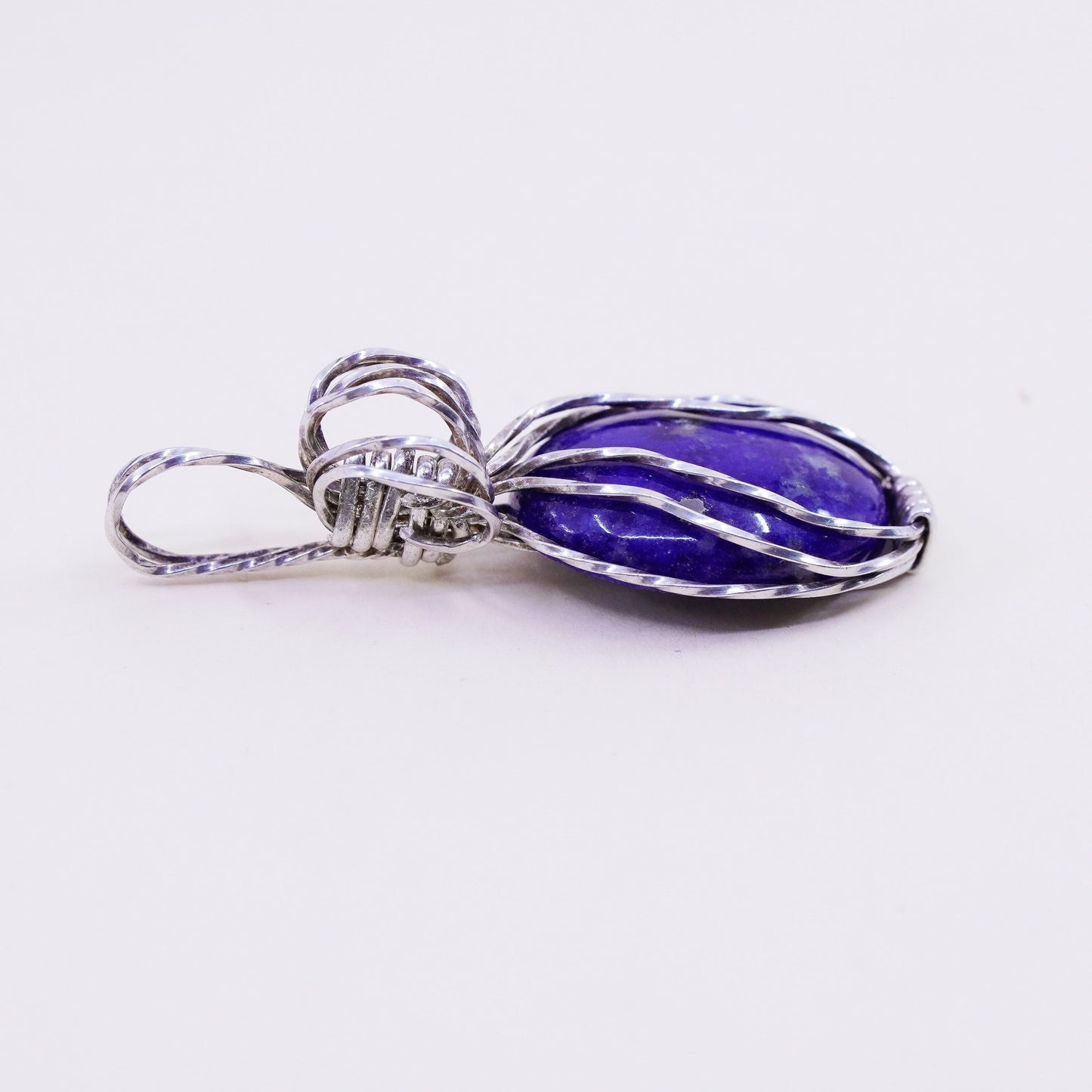 Vintage Sterling 925 silver handmade wired pendant with oval lapis lazuli