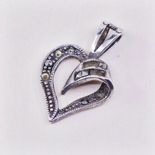 Vintage Sterling Silver Heart Pendant, Solid Silver W/ Marcasite, Stamped 925