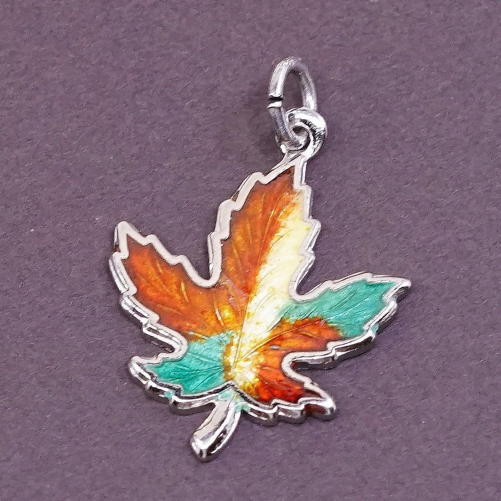 vtg Sterling silver handmade charm, 925 silver colorful enamel leaf pendant