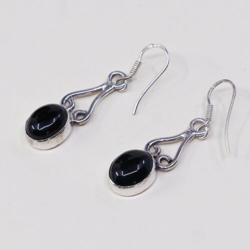 Vtg Sterling Silver Handmade Earrings, 925 Silver W/ Obsidian Inlay, Stamped 925