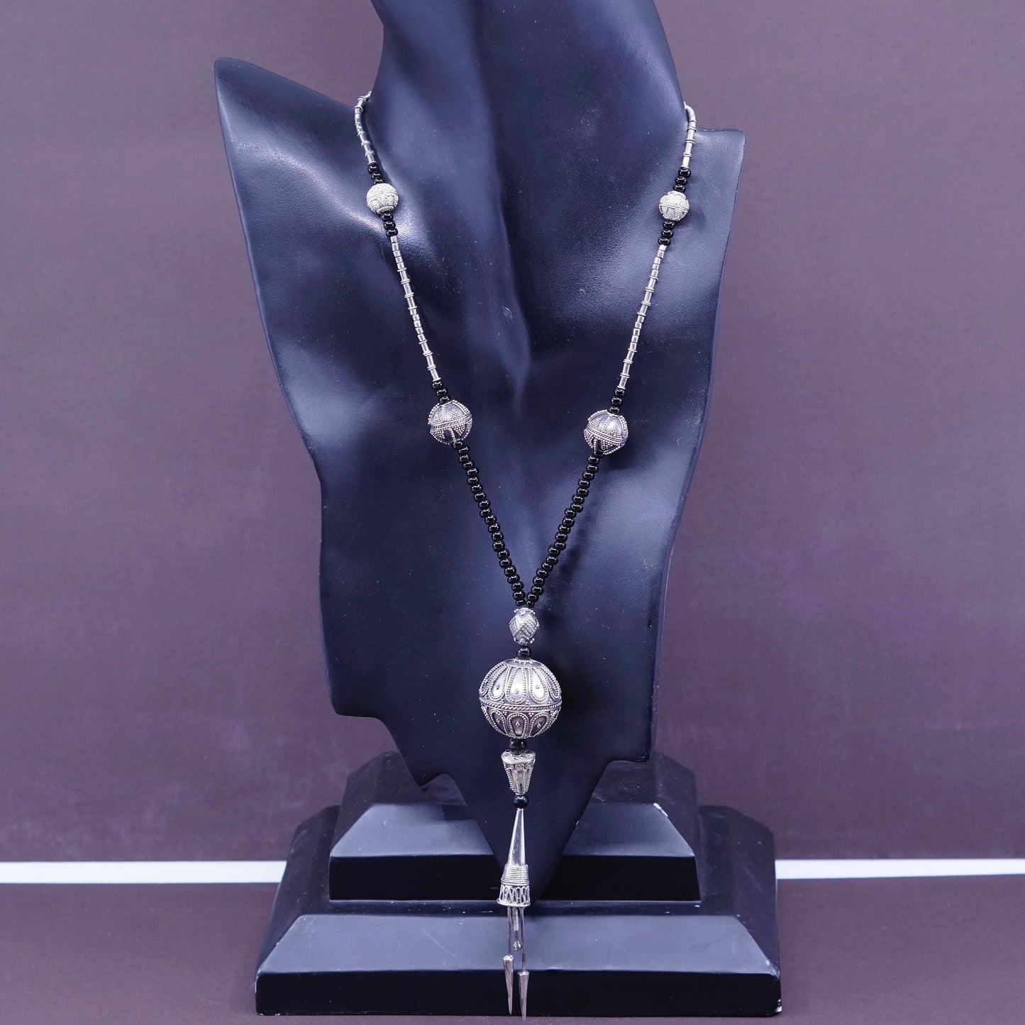 18”, Native American heishi sterling 925 silver obsidian necklace w/ bali bead