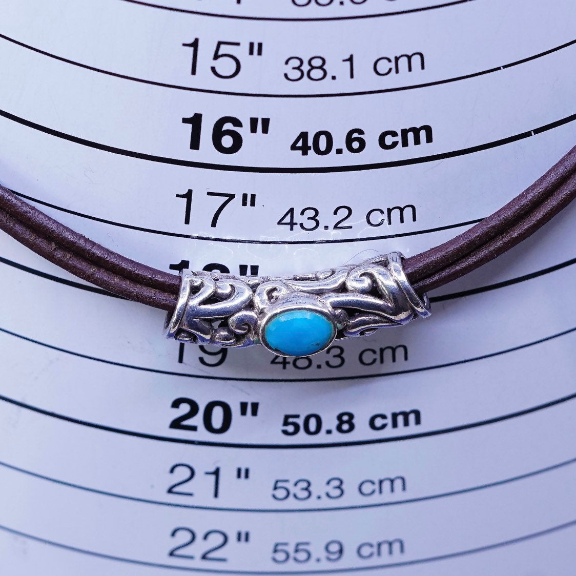 16”, Sterling Silver Multi Strand Leather Necklace 925 Swirl Pendant turquoise