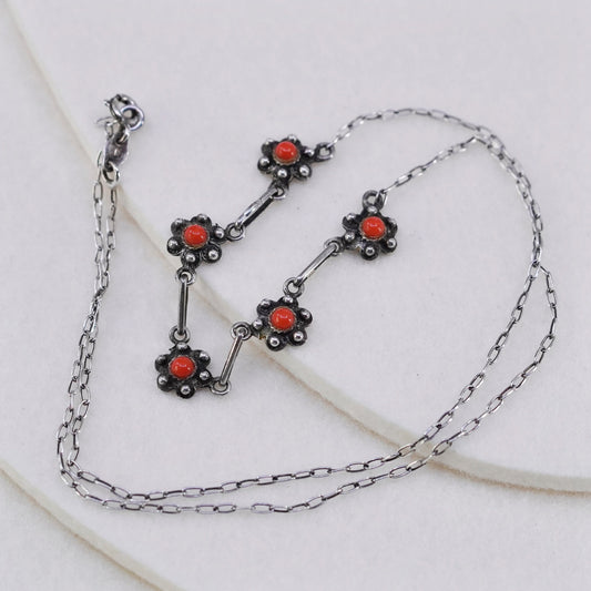 18”, Native American Sterling 925 silver handmade necklace coral flower pendant