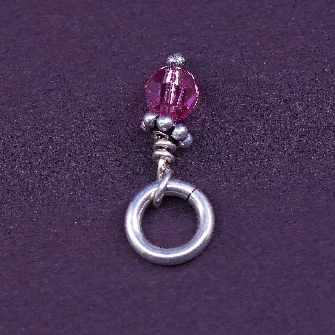 vtg sterling silver handmade pendant, 925 charm w/ pink crystal