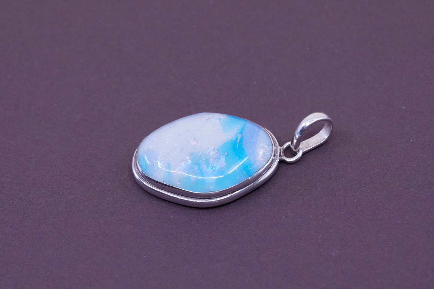 Vintage Sterling 925 silver handmade pendant with blue foil glass, unique