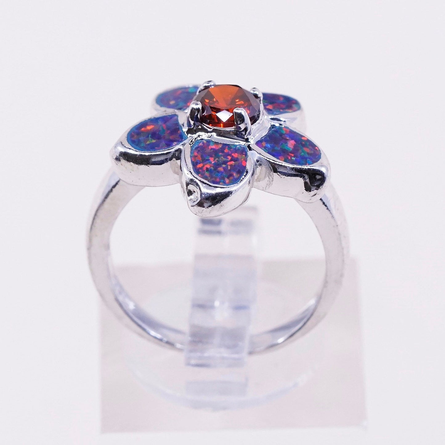 sz 6, Sterling 925 silver handmade flower ring w/ fire opal and ruby