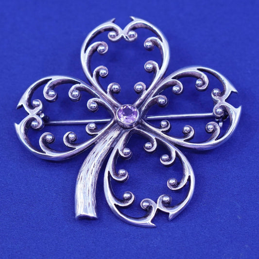 Vintage PSCL Sterling silver handmade brooch, 925 lucky clover flower amethyst